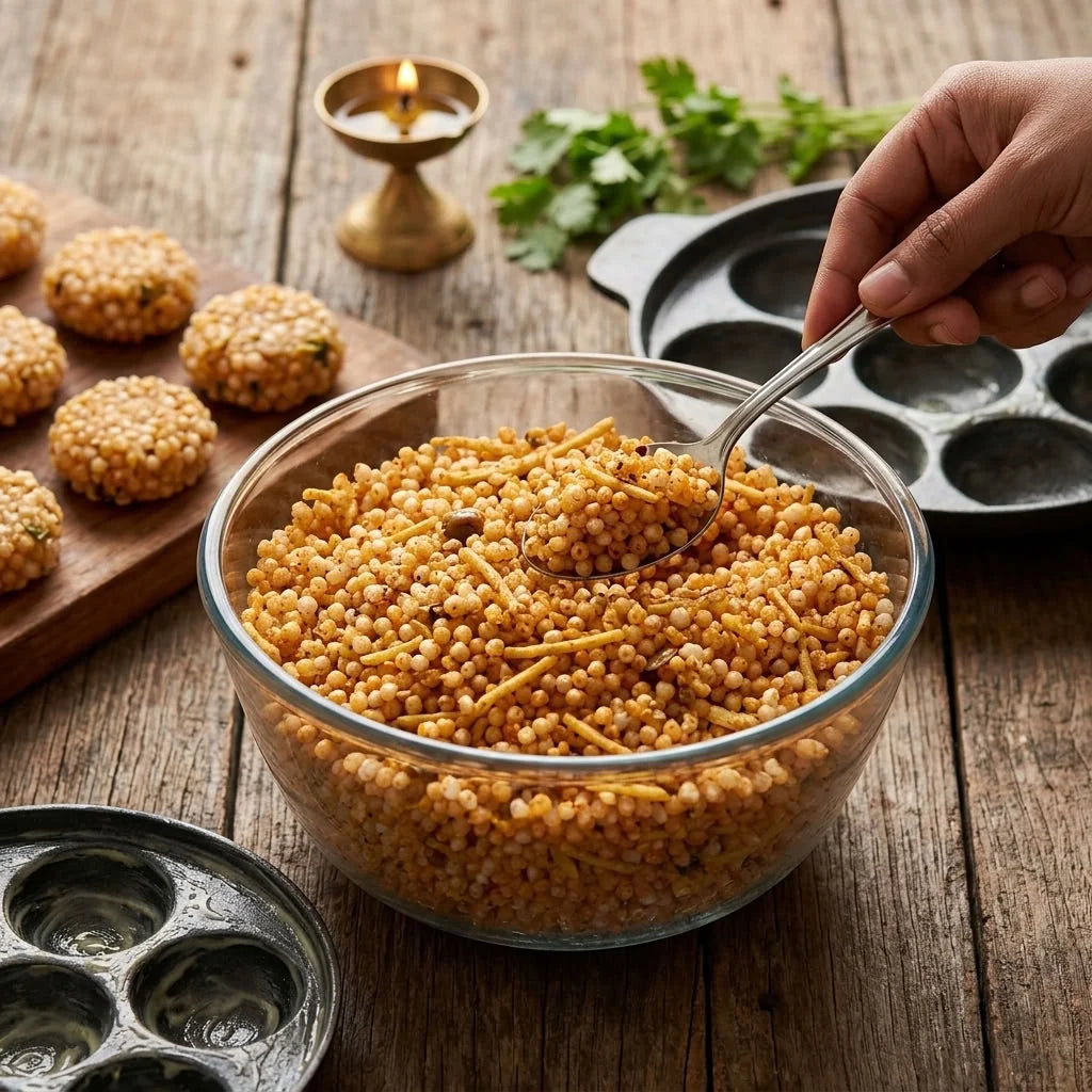 Sabudana khichdi served in a glass bowl with a spoon.