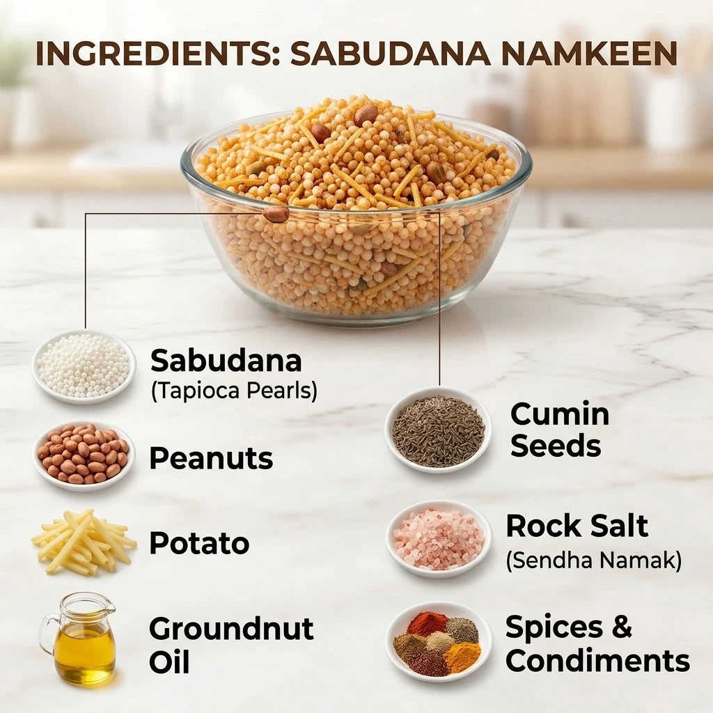 Sabudana khichdi with ingredient bowls and labels