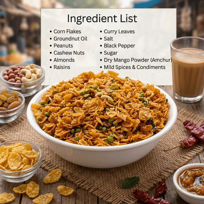 Ingredients used in sahi corn flakes namkeen: roasted nuts, dry mango powder, curry leaves and mild spice blend