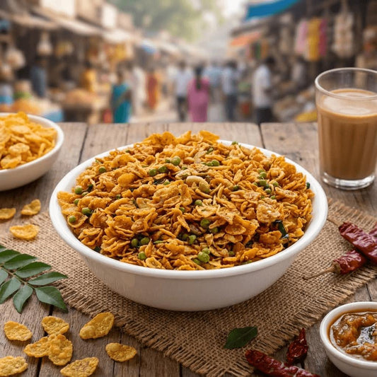 Sahi corn flakes mixture namkeen served in a white bowl with roasted peanuts, green peas, curry leaves and dry red chilies on a rustic wooden table