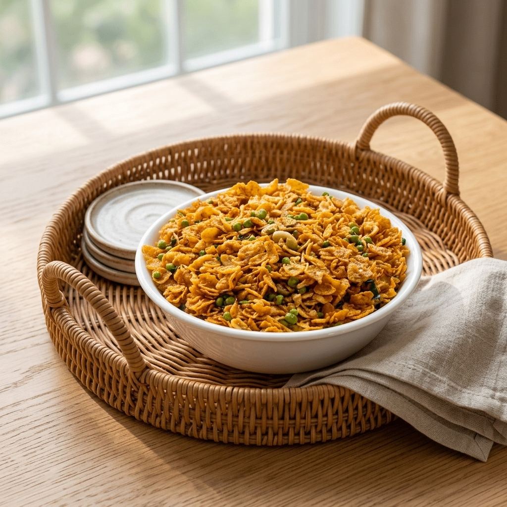 Bowl of corn flakes namkeen mixture presented on a woven serving tray — perfect Indian snack for guests