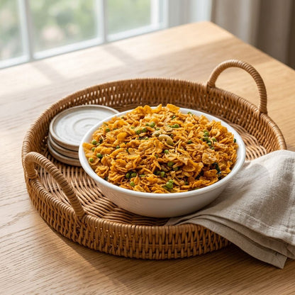 Bowl of corn flakes namkeen mixture presented on a woven serving tray — perfect Indian snack for guests