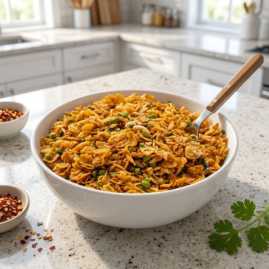 Homemade spicy corn flakes chivda snack mix garnished with peas and cashews, served in a kitchen bowl
