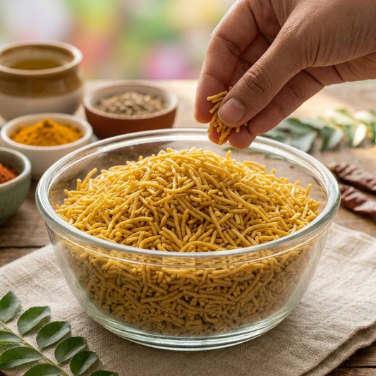 Hand picking sev noodle snack from glass bowl with turmeric, spices and curry leaves