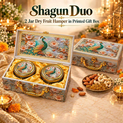 Shagun Duo – 2 Jar Dry Fruit Hamper in Printed Gift Box