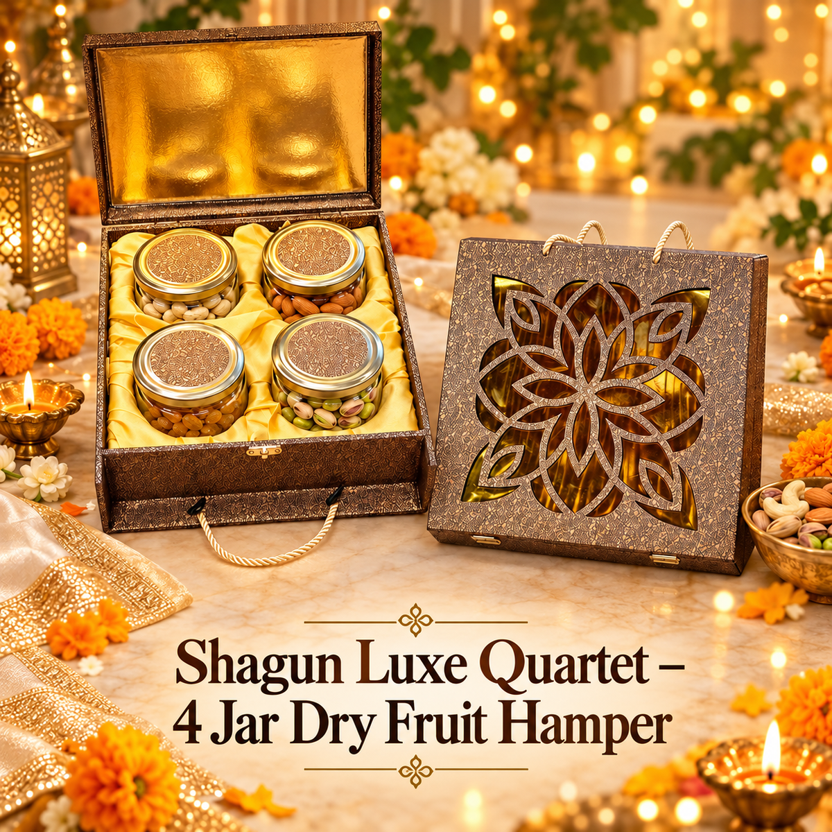 Maa Kaa Achar four-jar dry fruit hamper with brown-and-gold laser cut packaging, showing three combinations at ₹2,199