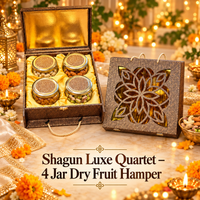 Maa Kaa Achar four-jar dry fruit hamper with brown-and-gold laser cut packaging, showing three combinations at ₹2,199