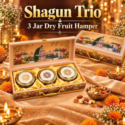 Shagun Trio – 3 Jar Dry Fruit Hamper in Printed Gift Box