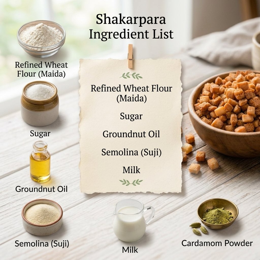Shakarpara ingredients - maida, sugar, groundnut oil, semolina, milk and cardamom powder