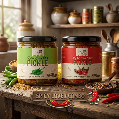 Spicy Lover Combo featuring Stuffed Green Chilli Pickle and Stuffed Red Chilli Pickle jars with fresh chillies and spices on a rustic wooden table