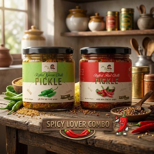 Spicy Lover Combo featuring Stuffed Green Chilli Pickle and Stuffed Red Chilli Pickle jars with fresh chillies and spices on a rustic wooden table