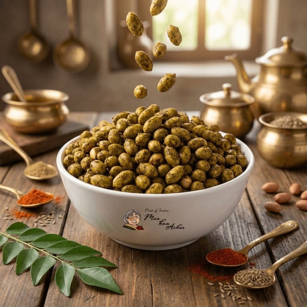 Maa Kaa Achar spicy masala peanuts falling into bowl with spices and brass décor