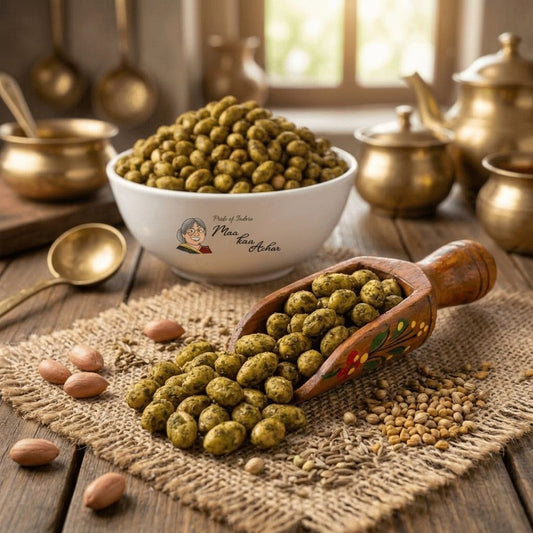 Maa Kaa Achar spicy peanuts scooped from wooden ladle with whole spices on burlap
