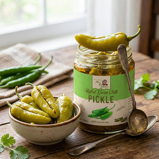Stuffed Green Chilli Pickle jar (Hari Mirch Bharwan Achar) with a bowl of pickled stuffed chillies, fresh coriander, and green chillies on a wooden table