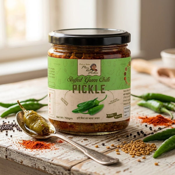 Stuffed Green Chilli Pickle jar (Hari Mirch Bharwan Achar) with a stuffed chilli on a spoon, fresh green chillies, and whole spices on a rustic table