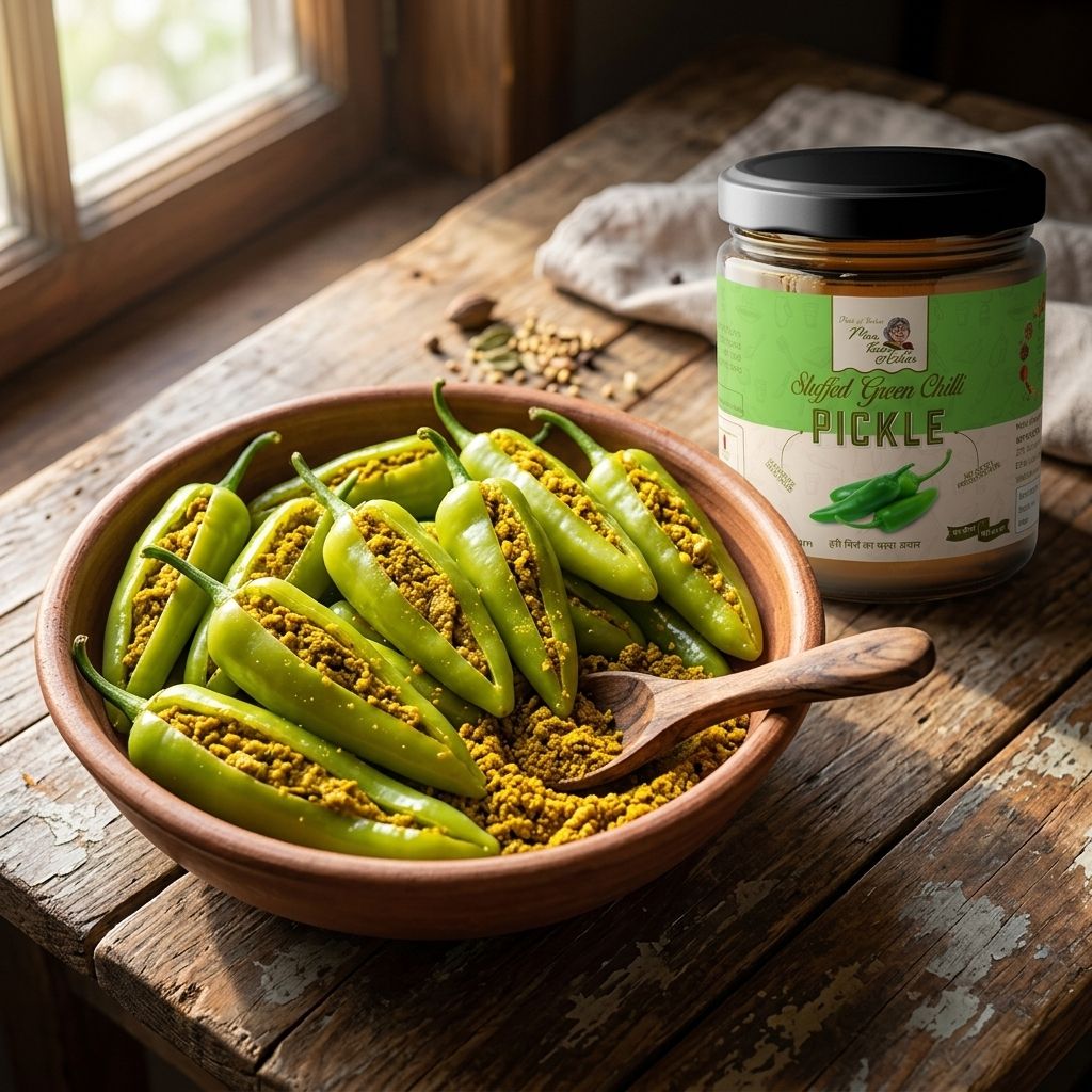 Fresh green chillies stuffed with spice masala in a wooden bowl next to a jar of Stuffed Green Chilli Pickle (Hari Mirch Bharwan Achar)