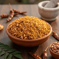 Tikha Fariyali Mixture with potato sticks, sabudana and peanuts, served in a wooden bowl.