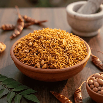 Tikha Fariyali Mixture with potato sticks, sabudana and peanuts, served in a wooden bowl.