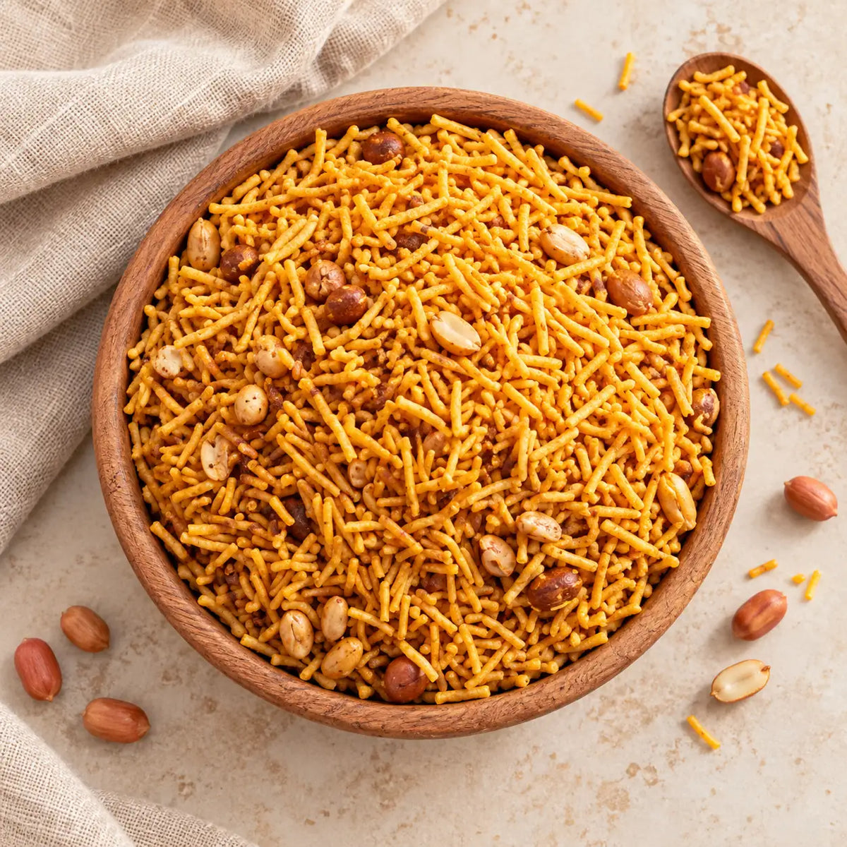 Overhead view of golden tikha fariyali mixture with peanuts in a wooden bowl.