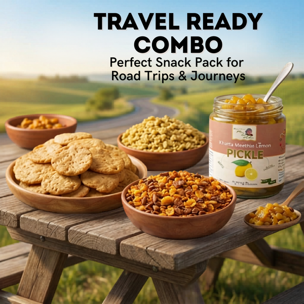 travel ready combo Maa Kaa Achar mathri chiwda gujarati mix dalmoth lemon pickle snack bundle