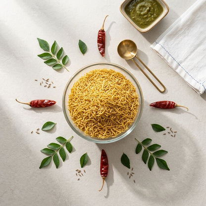 Sev snack in glass bowl flatlay with dried red chillies, curry leaves and mint chutney