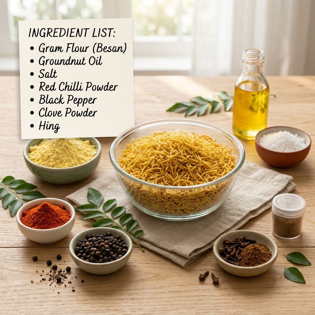 Sev snack ingredients - gram flour, groundnut oil, red chilli, black pepper, clove, hing